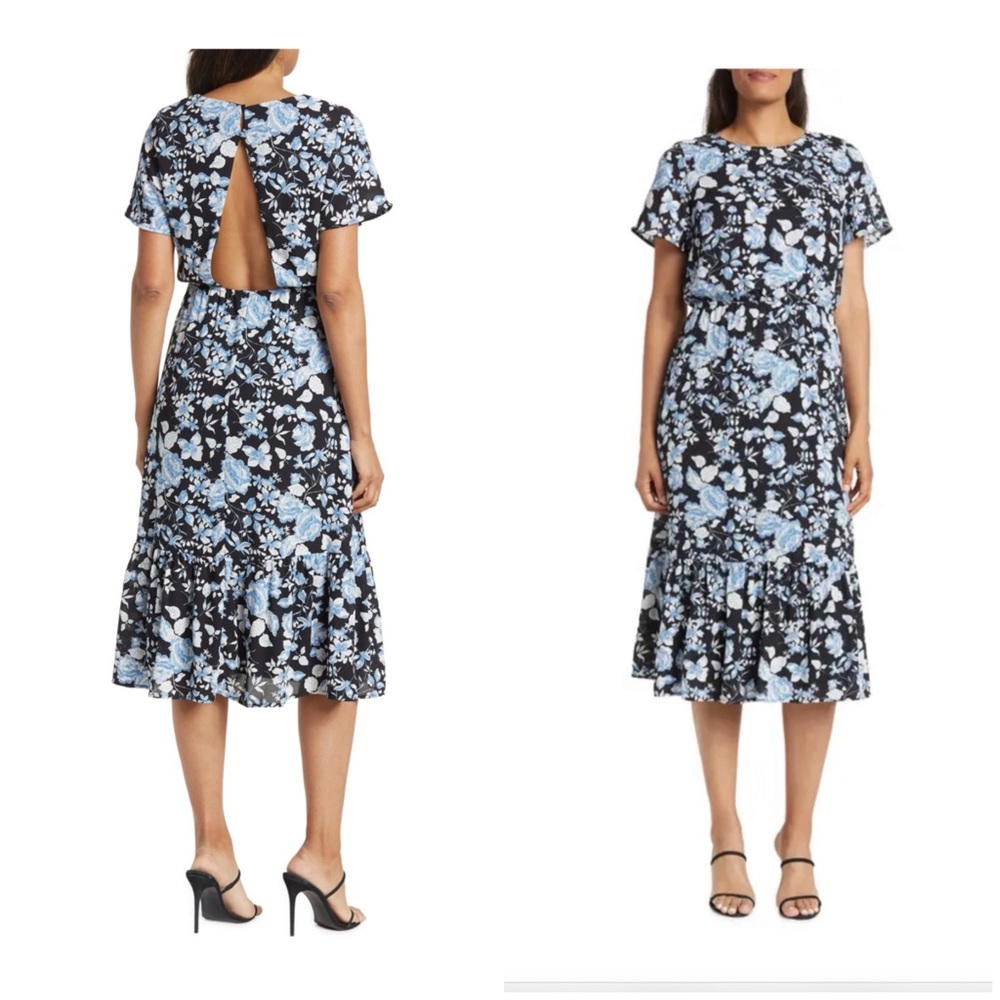 New Collective Concepts Short Sleeve Floral Print Midi Dress Black Floral small